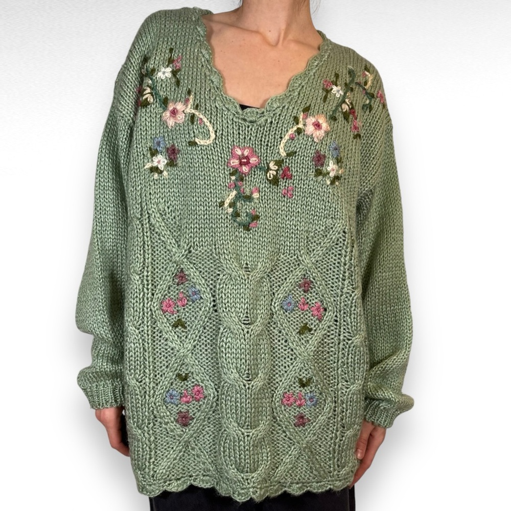 Green Floral Embroidered Sweater